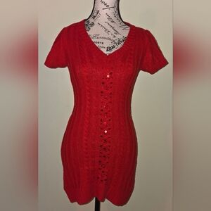Justice Girls Sz 16 Cable Knit Red Sweater Dress Short Sleeved w/sequins